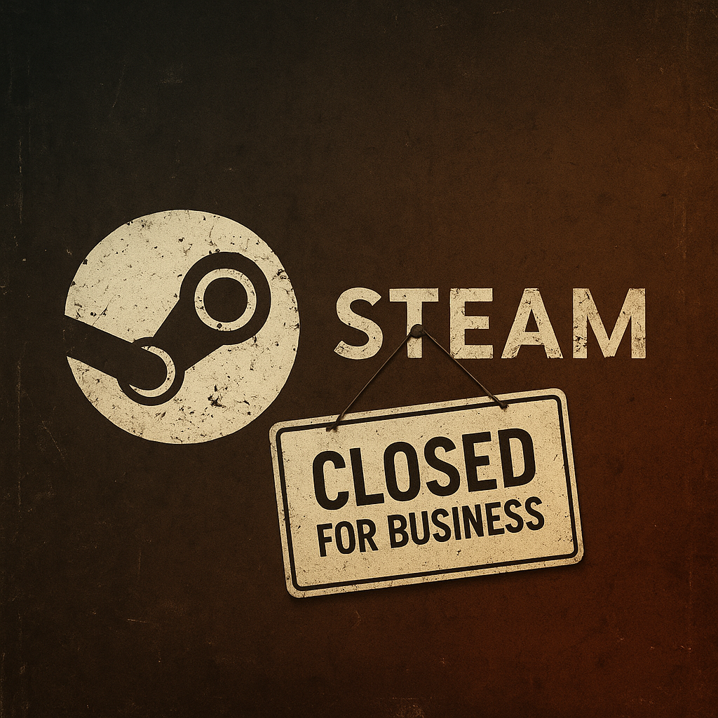 Steam logo with a closed for business sign hanging off it